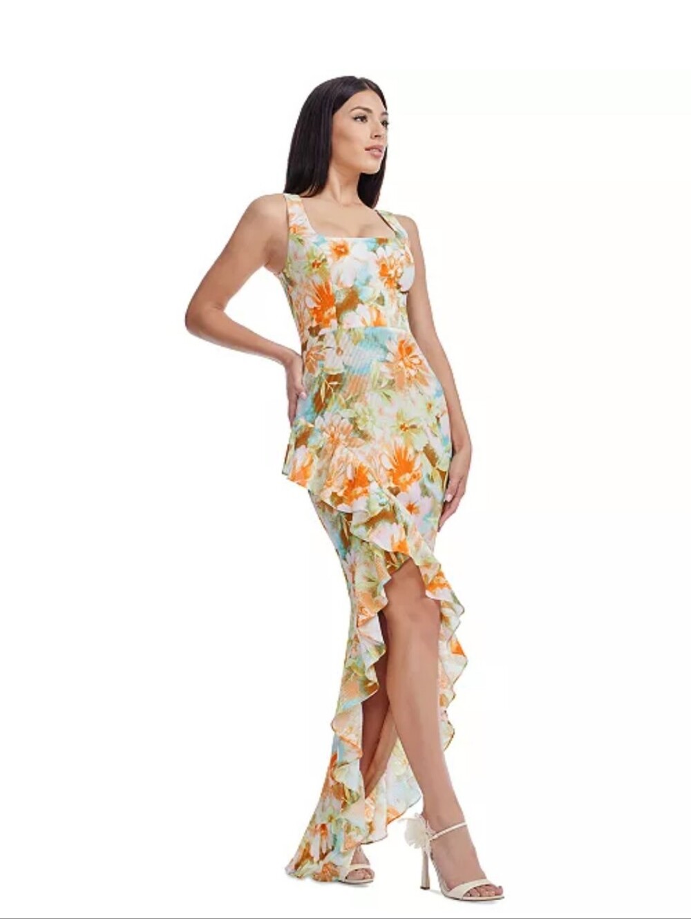 NWT Dress The Population Floral Pleated Ruffle High Low Maxi Dress Size S Weddin
